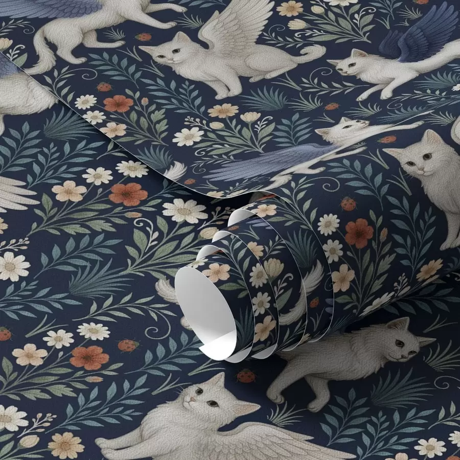 τοιχογραφίες Φαντασία γάτες με φτερά ανάμεσα σε λουλούδια a00408