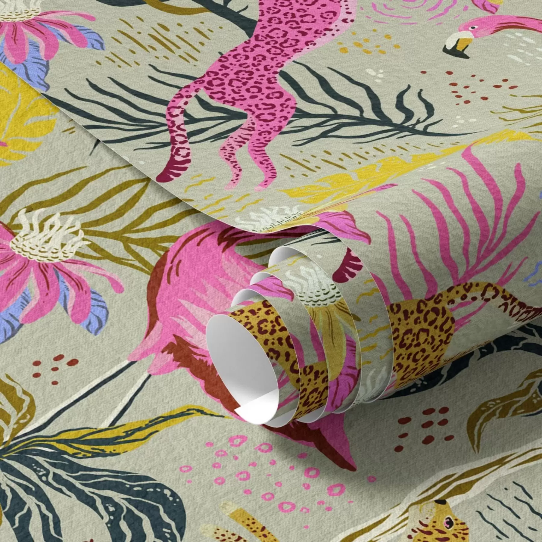 τοιχογραφίες Φωτεινά φλαμίνγκο και λεοπαρδάλεις ανάμεσα σε τροπικά φυτά a00470