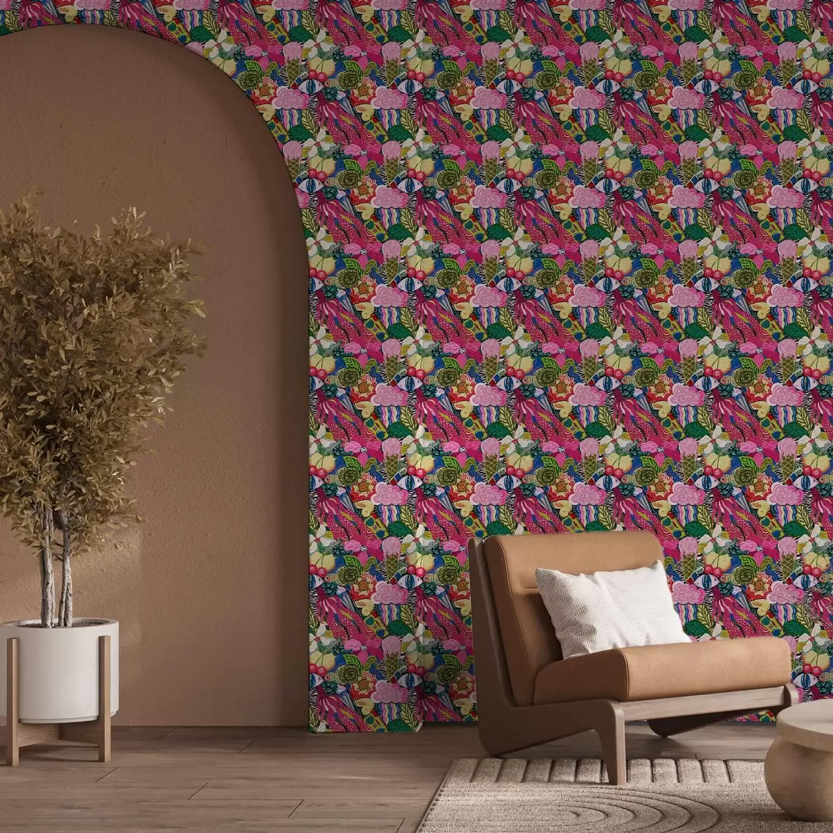 Ταπετσαρία Αφηρημένη pop-art με λουλούδια, μούρα και μοτίβα a00471