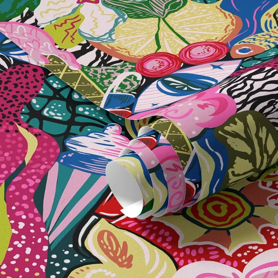 τοιχογραφίες Αφηρημένη pop-art με λουλούδια, μούρα και μοτίβα a00471