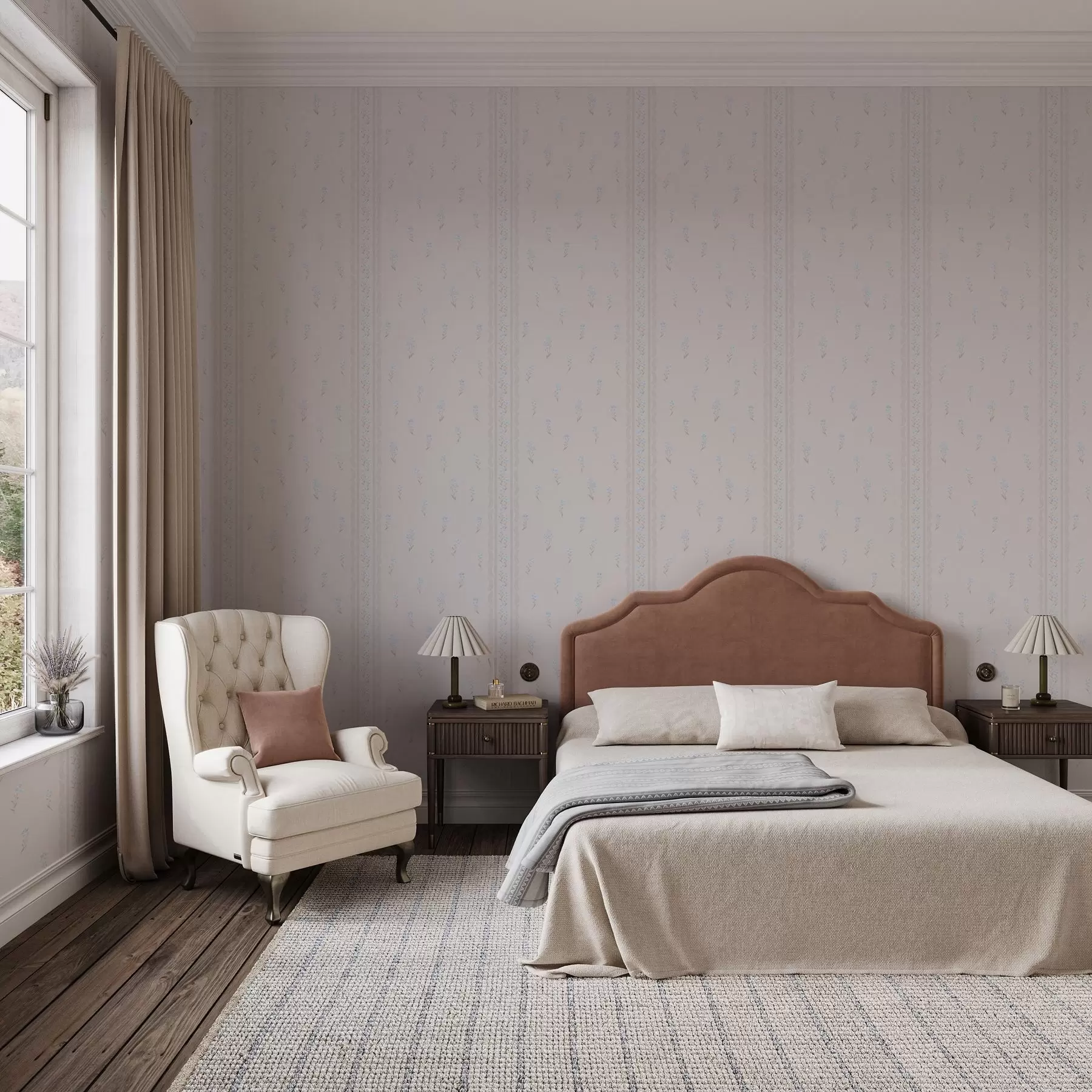 τοιχογραφίες Ροζ φόντο με λεπτεπίλεπτα μπλε λουλούδια και περίγραμμα a00484