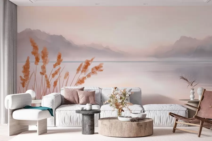 τοιχογραφίες μια γραφική λίμνη με καλαμιές και βουνά w04315