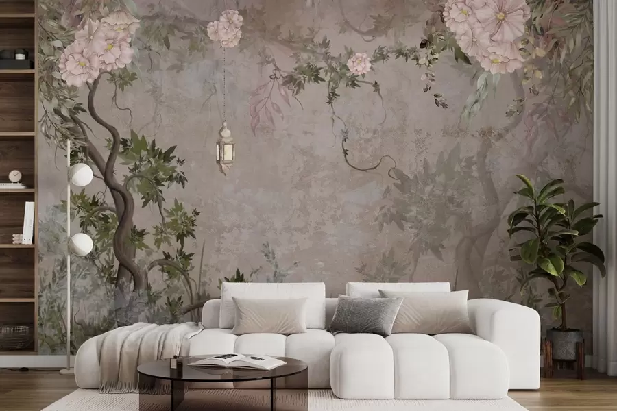 τοιχογραφίες Νεραϊδόκηπος με λουλούδια, δέντρα και φανάρι w04416