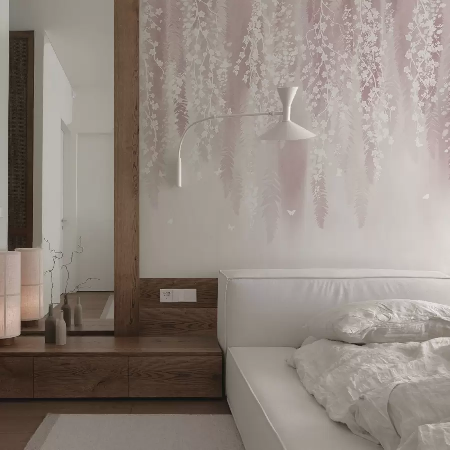 τοιχογραφίες Ροζ εκδοχή κλαδιών με λευκά λουλούδια w04417v1