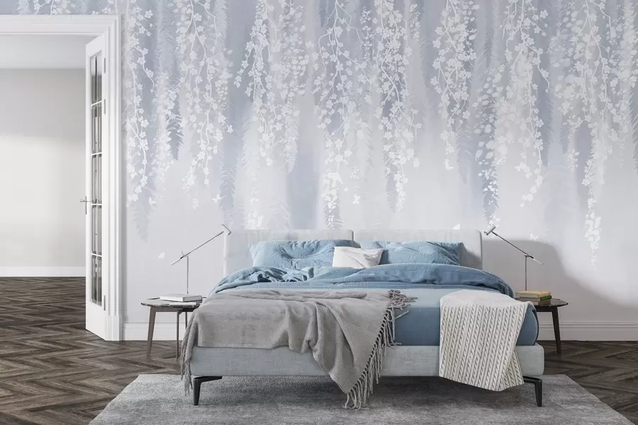 τοιχογραφίες Δροσερή μπλε εκδοχή κλαδιών με λευκά λουλούδια w04417v2