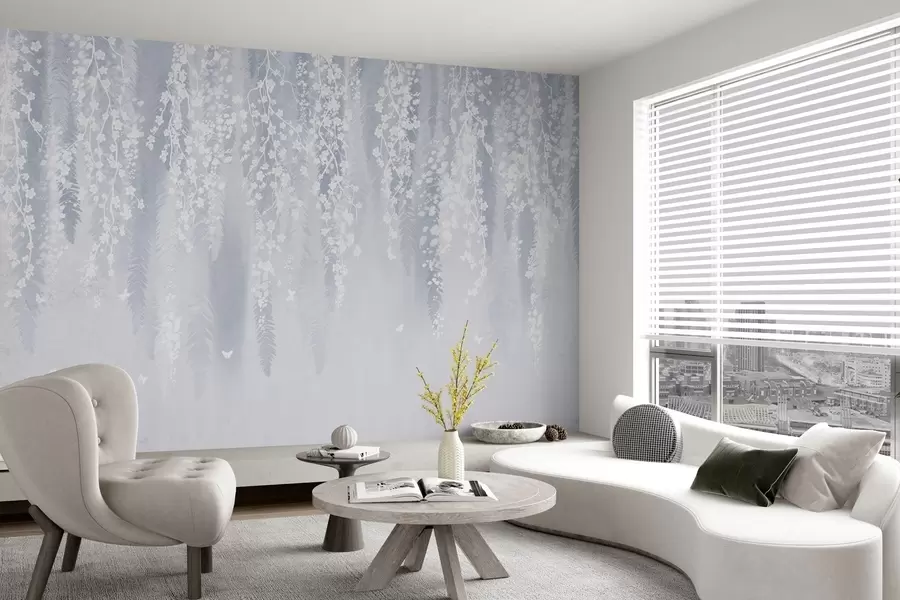 τοιχογραφίες Δροσερή μπλε εκδοχή κλαδιών με λευκά λουλούδια w04417v2