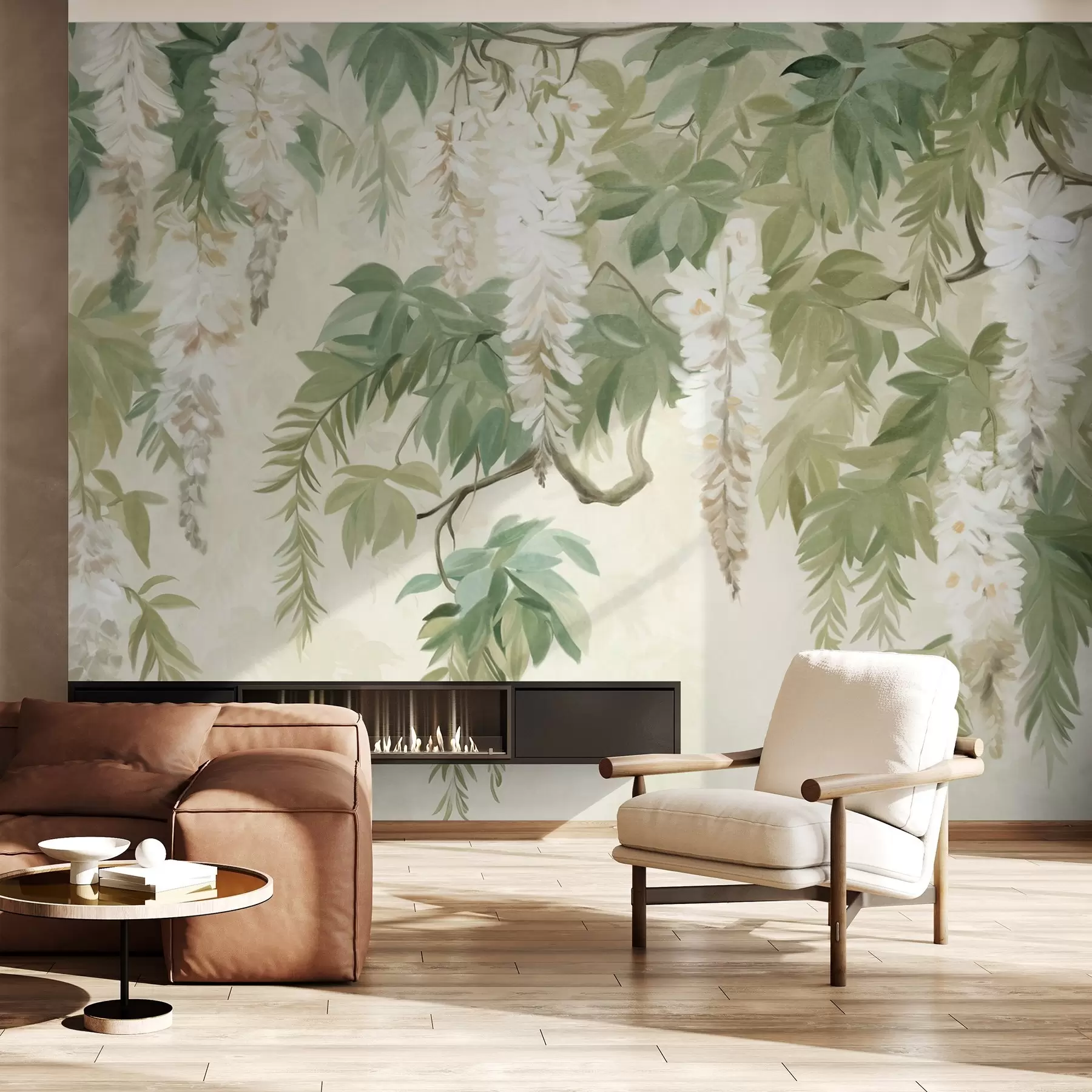 τοιχογραφίες Κλαδιά γλιστρίδας με λευκά λουλούδια και πράσινα φύλλα, πράσινο φόντο, υφή vintage στυλ ζωγραφικής w09375