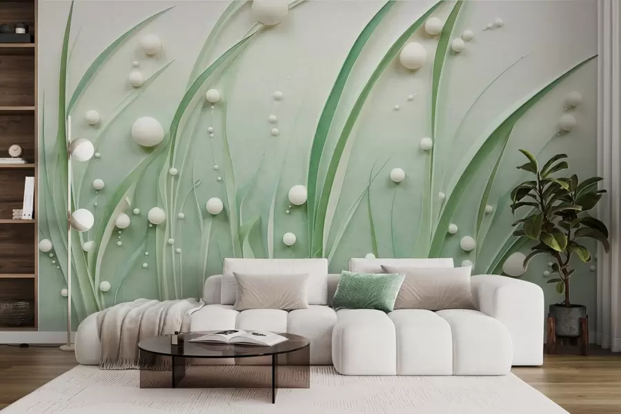 τοιχογραφίες Αφηρημένο πράσινο γρασίδι με λευκές σφαίρες, ανοιχτό πράσινο φόντο, υφή, καθαρές γραμμές, μινιμαλιστικό στυλ w09382