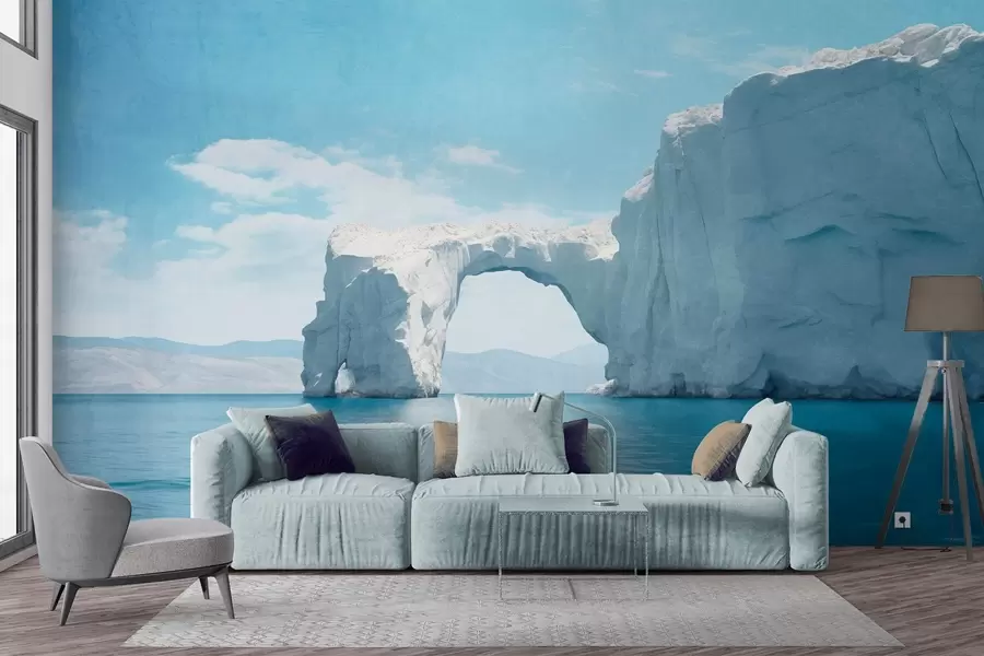 τοιχογραφίες Τοπίο με φυσική γέφυρα πάγου πάνω από τον ωκεανό , καθαρός μπλε ουρανός με μερικά σύννεφα, εκτύπωση με υφή w09383