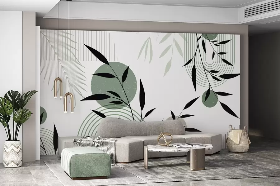 τοιχογραφίες Αφηρημένη εκτύπωση με γεωμετρικά σχήματα, κύκλους και τόξα και μαύρα και πράσινα φυτά σε λευκό φόντο w09384