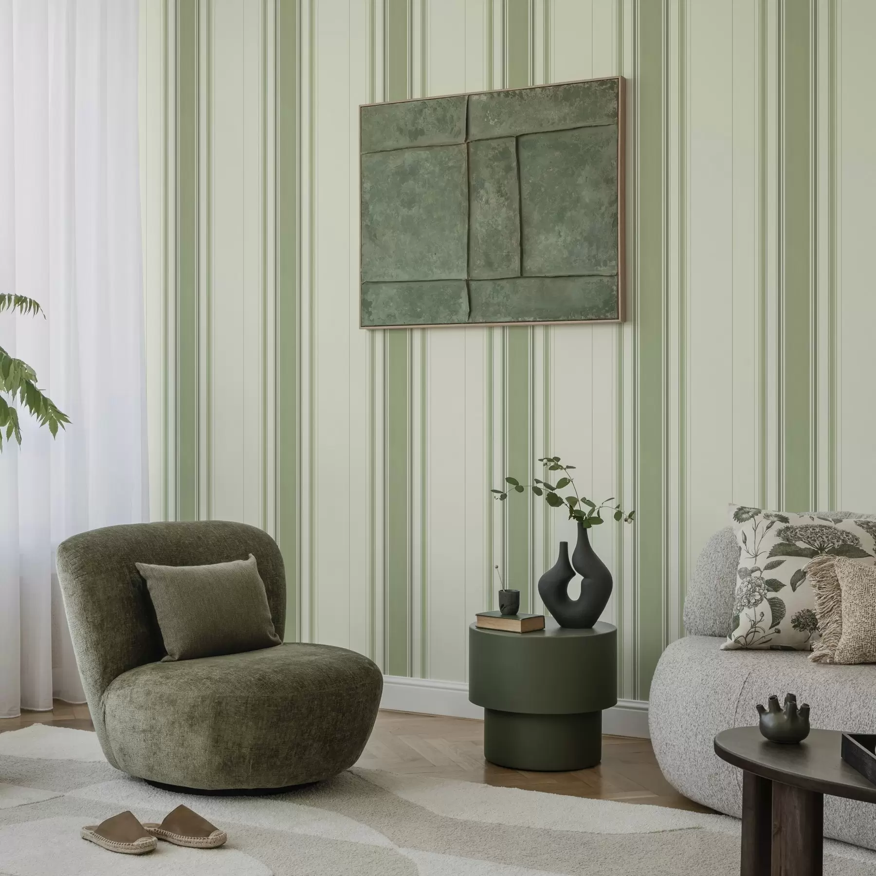 τοιχογραφίες Κρεμώδες φόντο με φαρδιά πράσινη κεντρική λωρίδα a00519