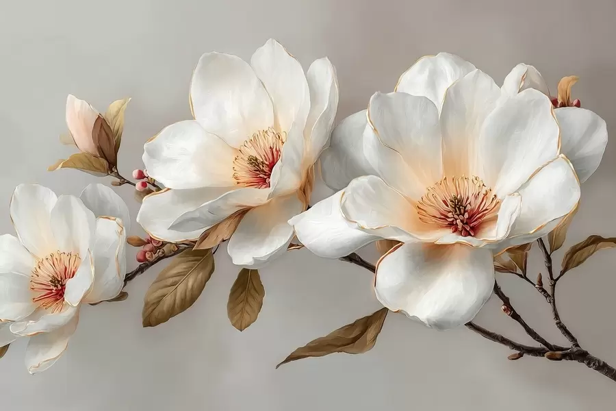 τοιχογραφίες Λεπτά λουλούδια σε κλαδί σε παστέλ αποχρώσεις με πορτοκαλί κέντρα w09299