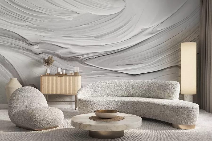 τοιχογραφίες Αφηρημένες πινελιές λευκής βαφής με υφή, που μιμούνται ένα σπειροειδές μοτίβο, ουδέτερη, μινιμαλιστική μοντέρνα σύνθεση w09394