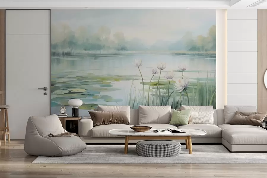 τοιχογραφίες Τοπίο με λίμνη, νούφαρα και νούφαρα, δέντρα στο βάθος, σε ένα ήρεμο περιβάλλον, σε αποχρώσεις του γαλάζιου και του πράσινου w09395