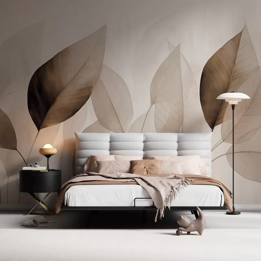 τοιχογραφίες Ζωγραφική με υφή που μιμείται φύλλα σε αποχρώσεις του καφέ και του μπεζ με λεπτές φλέβες και μίσχους w09400v1