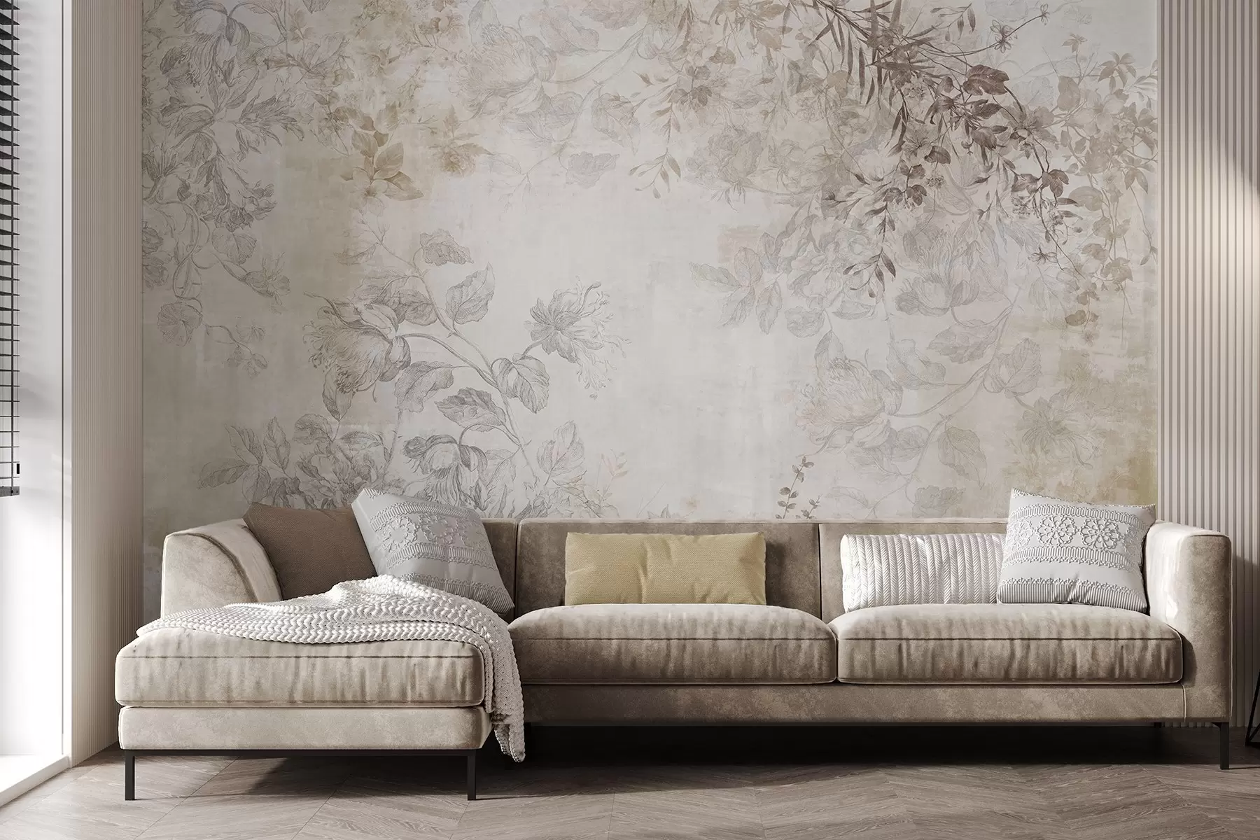 τοιχογραφίες Vintage υφή floral τέχνη με σχέδιο στυλ λεπτεπίλεπτα λουλούδια κήπου και φύλλα εικονογραφήσεις, απαλό παστέλ μπεζ και σέπια τόνους w09402