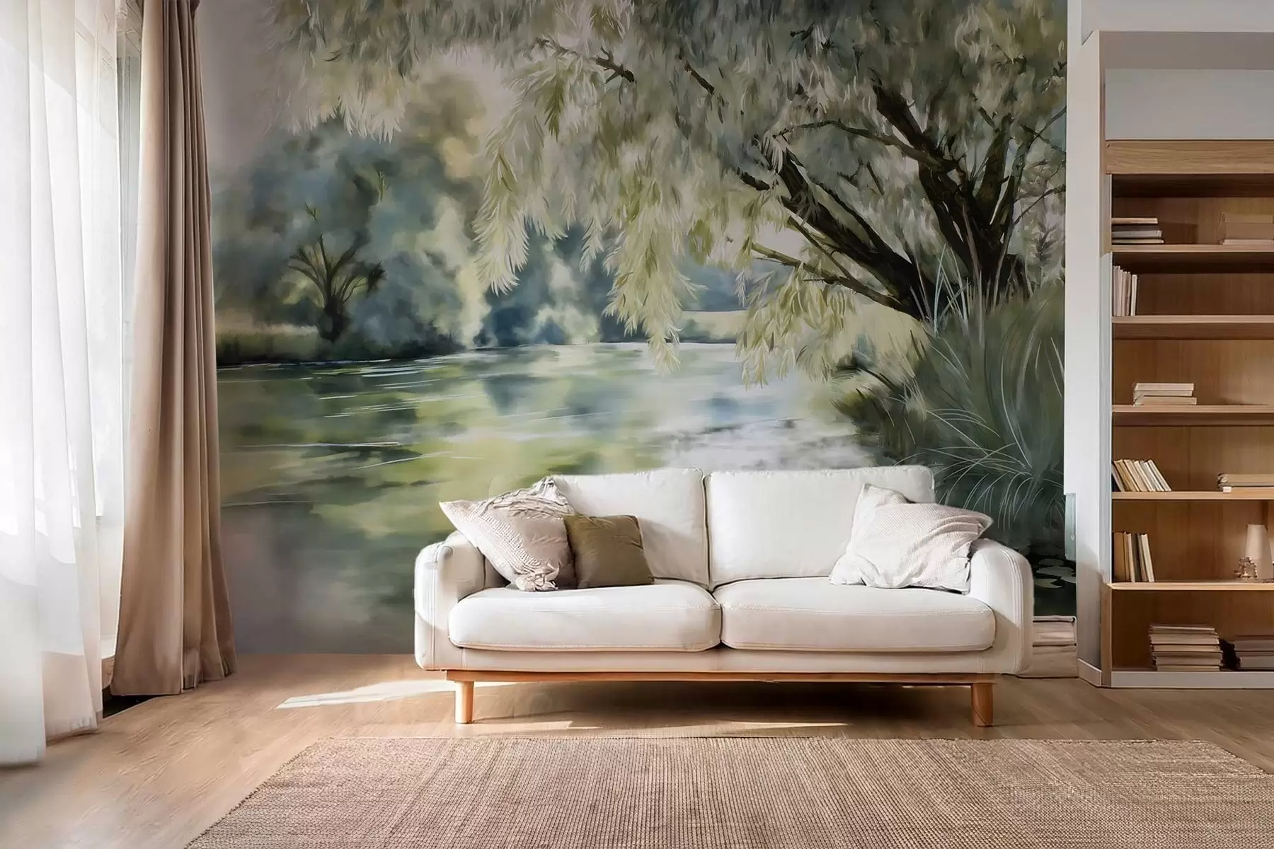 τοιχογραφίες δέντρο σε στυλ ακουαρέλας πάνω από τη λίμνη w04501