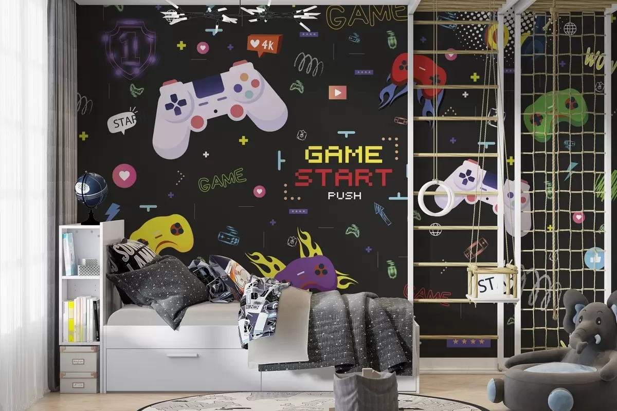 τοιχογραφίες Φωτεινό μοτίβο για gamers με κονσόλες και κείμενο σε μορφή pixel w04581