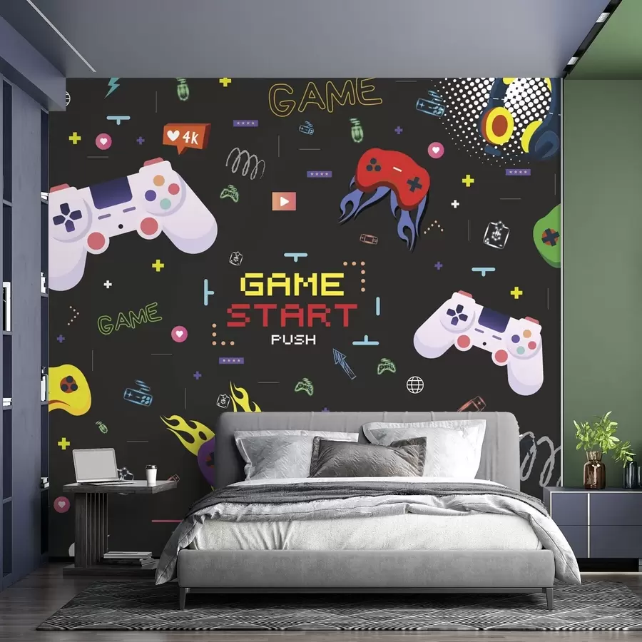 τοιχογραφίες Φωτεινό μοτίβο για gamers με κονσόλες και κείμενο σε μορφή pixel w04581