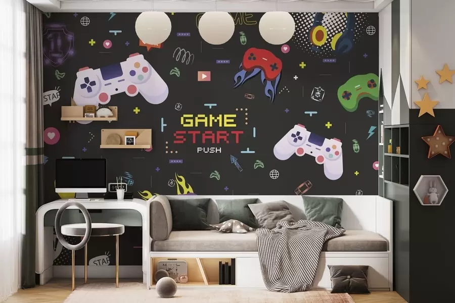 τοιχογραφίες Φωτεινό μοτίβο για gamers με κονσόλες και κείμενο σε μορφή pixel w04581