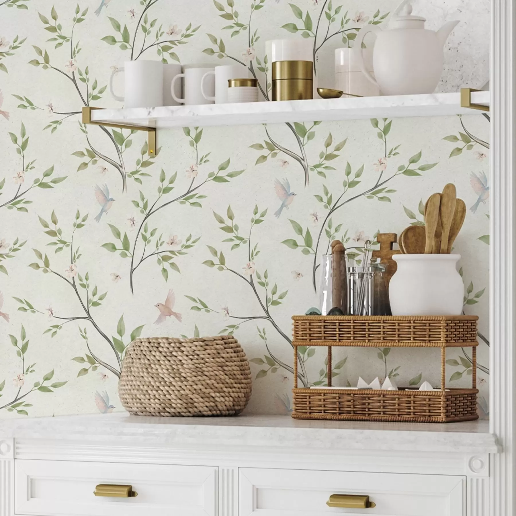 τοιχογραφίες Ακουαρέλα με κλαδιά με φύλλα και πουλιά σε ανοιχτόχρωμο φόντο a00496