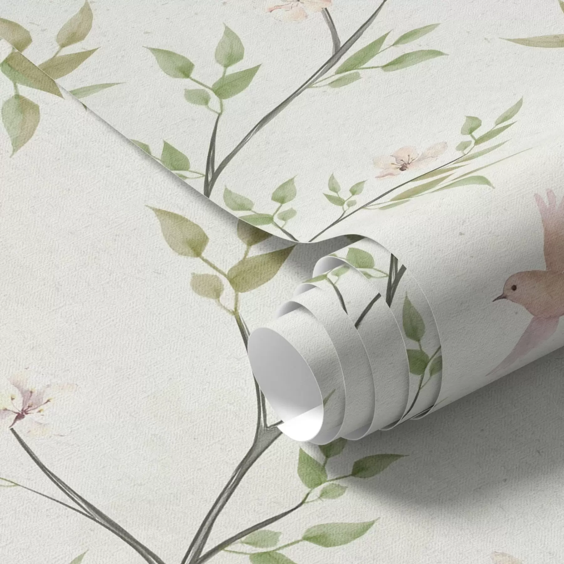 τοιχογραφίες Ακουαρέλα με κλαδιά με φύλλα και πουλιά σε ανοιχτόχρωμο φόντο a00496