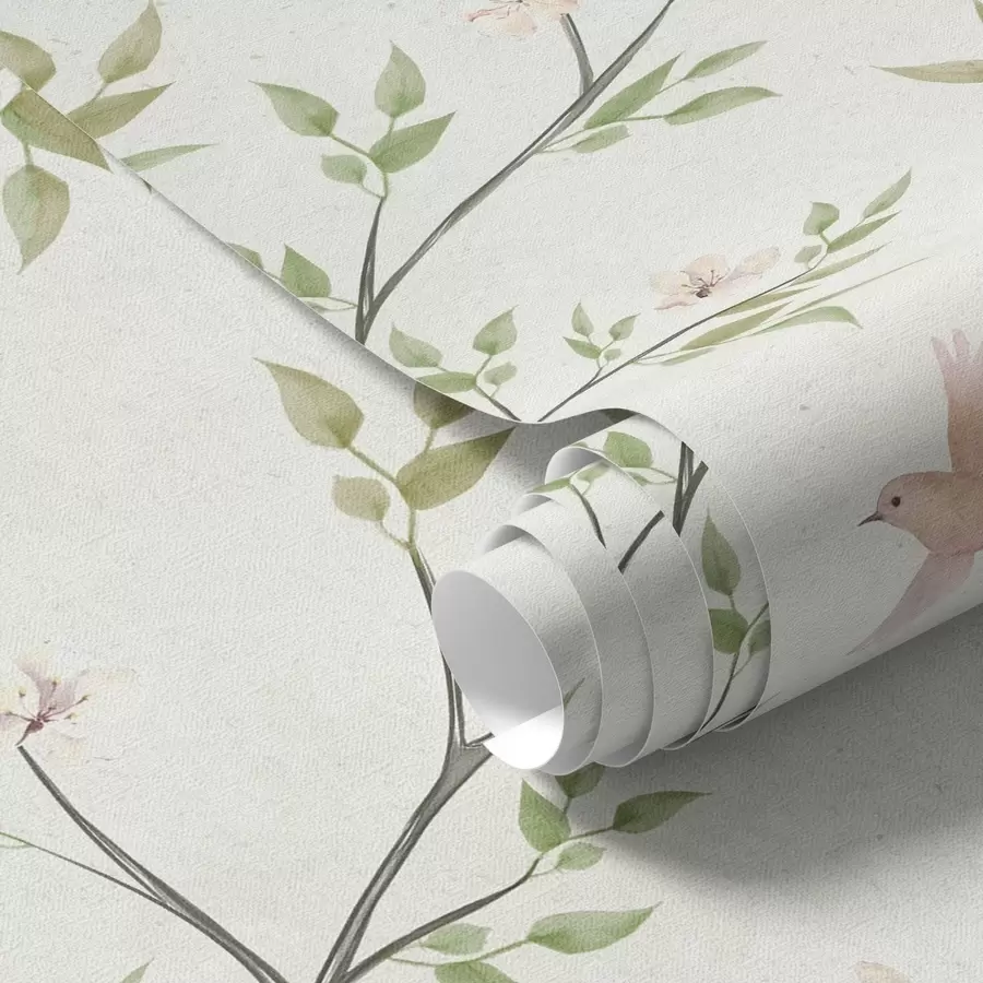 τοιχογραφίες Ακουαρέλα με κλαδιά με φύλλα και πουλιά σε ανοιχτόχρωμο φόντο a00496