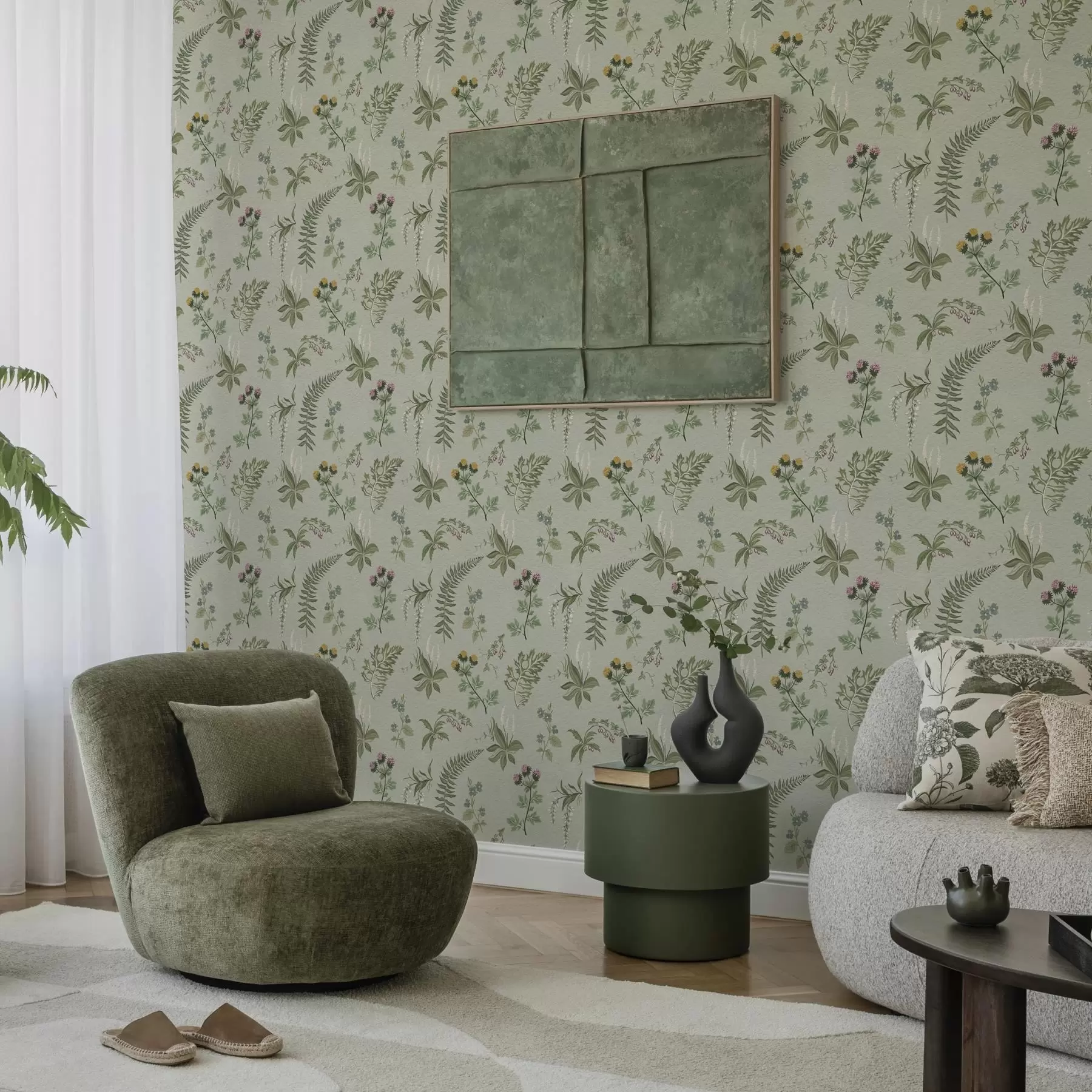 τοιχογραφίες Βοτανικά χόρτα και φτέρες σε απαλό γκρι-πράσινο χρώμα a00498