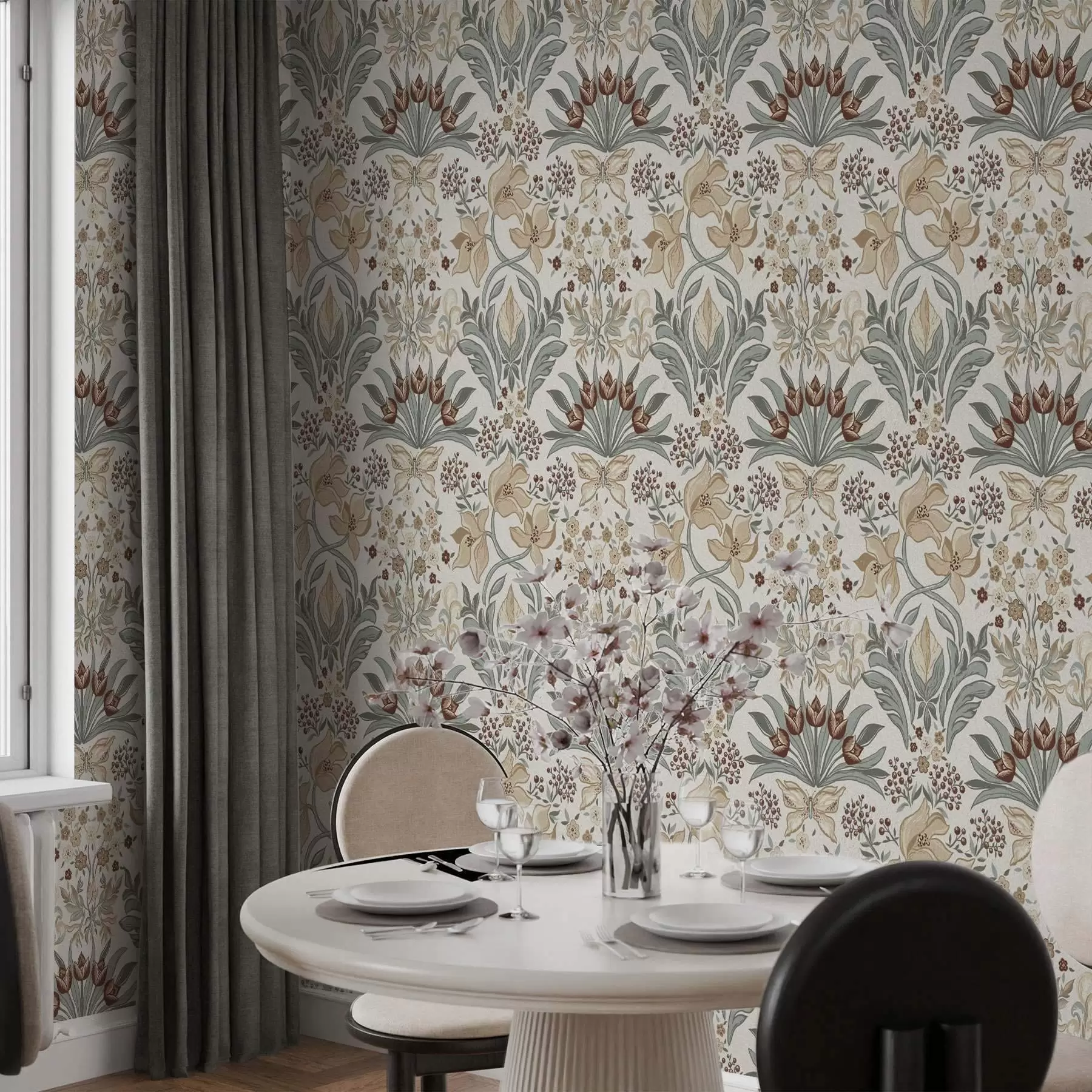 τοιχογραφίες Διακοσμητικά κρίνα και μια πεταλούδα σε κρεμ φόντο a00500