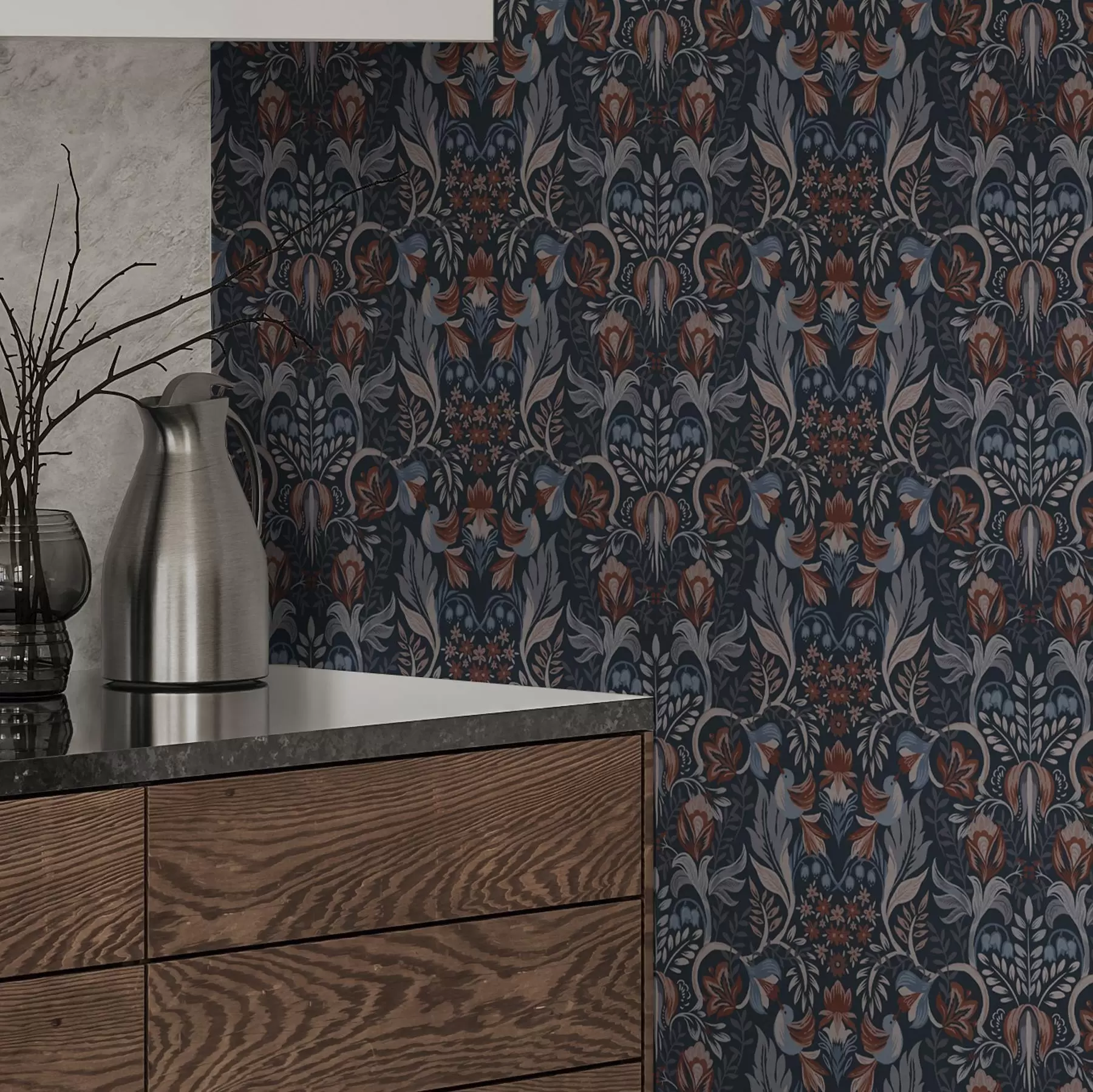 τοιχογραφίες Λαϊκός διακοσμητικός στοιχείο με πουλιά, βαθύ ινδigo a00502v1