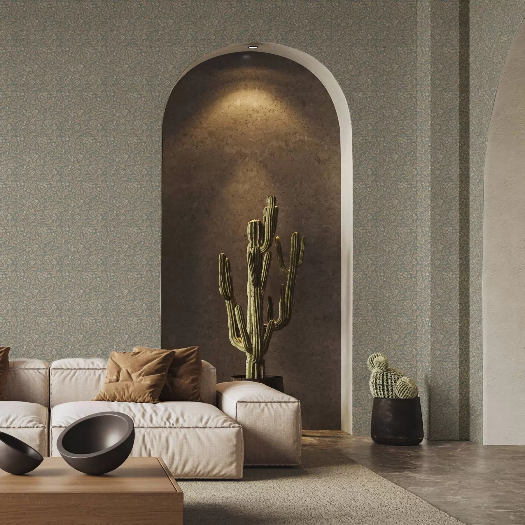 τοιχογραφίες Στυλ Morris: μπεζ κλαδιά σε γκρι-πράσινο φόντο a00569