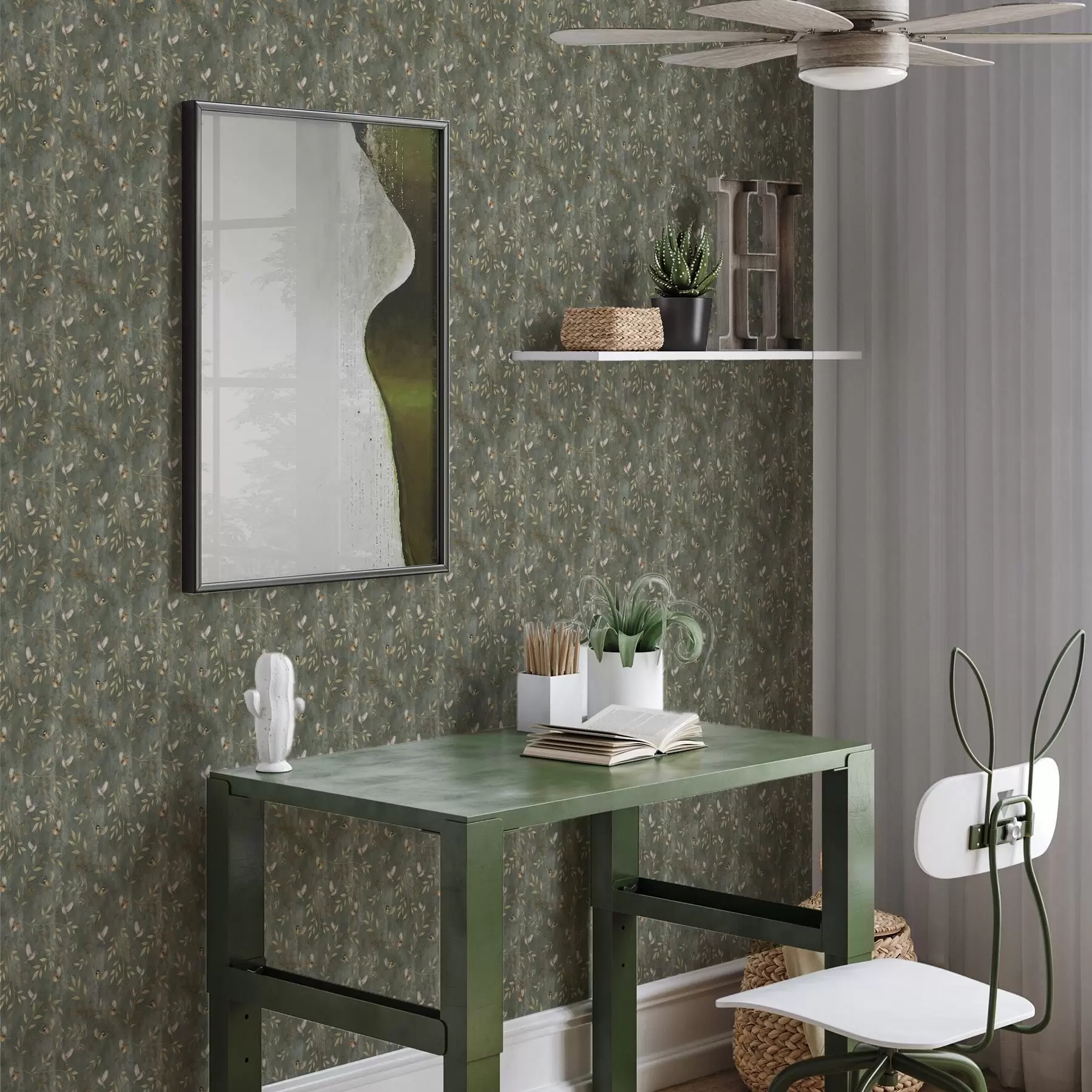 τοιχογραφίες Πουλιά σε πορτοκαλί φύλλωμα σε βαθύ πράσινο φόντο a00591