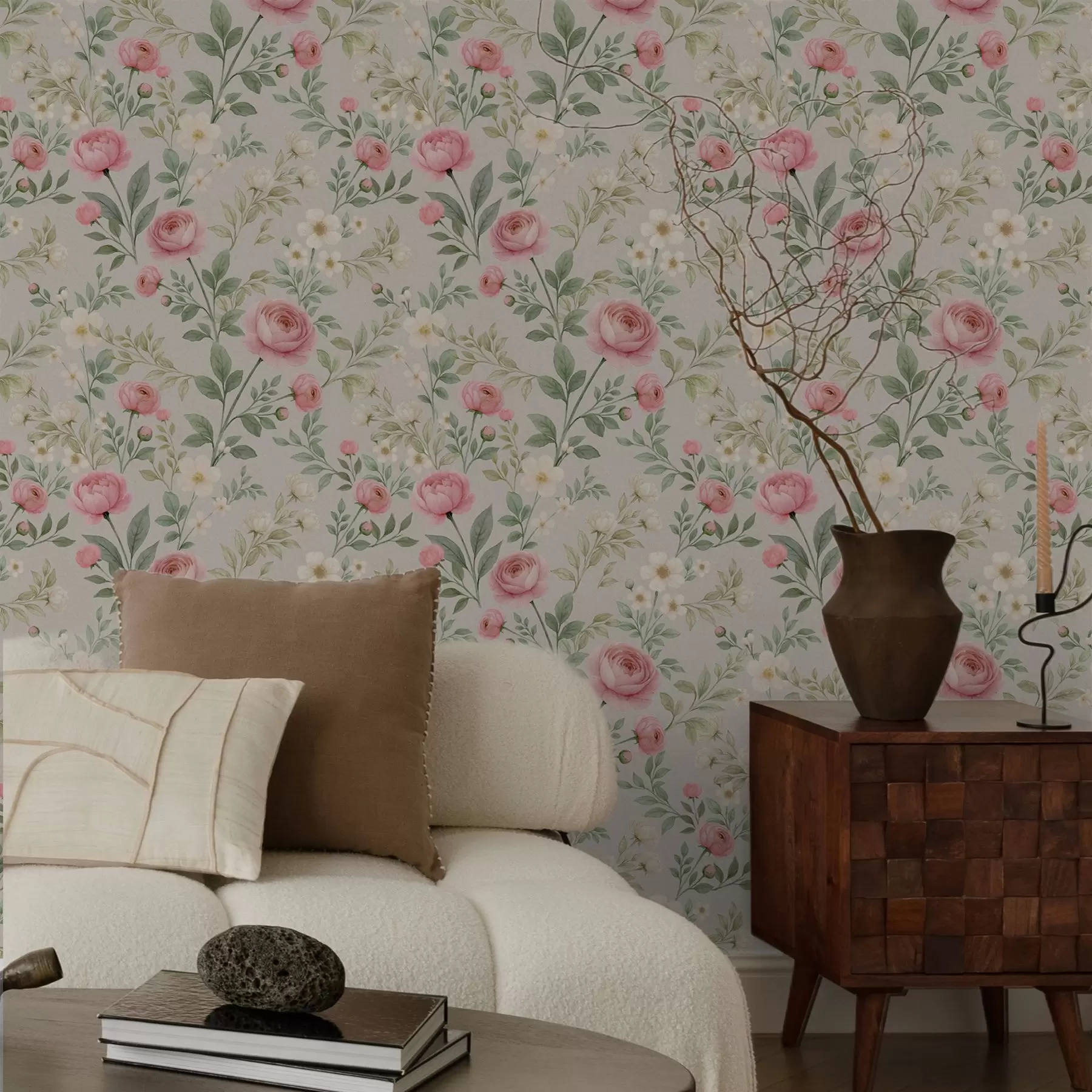 τοιχογραφίες Ακουαρέλα με παιώνιες και λευκά λουλούδια σε γκρι-μπεζ φόντο a00592