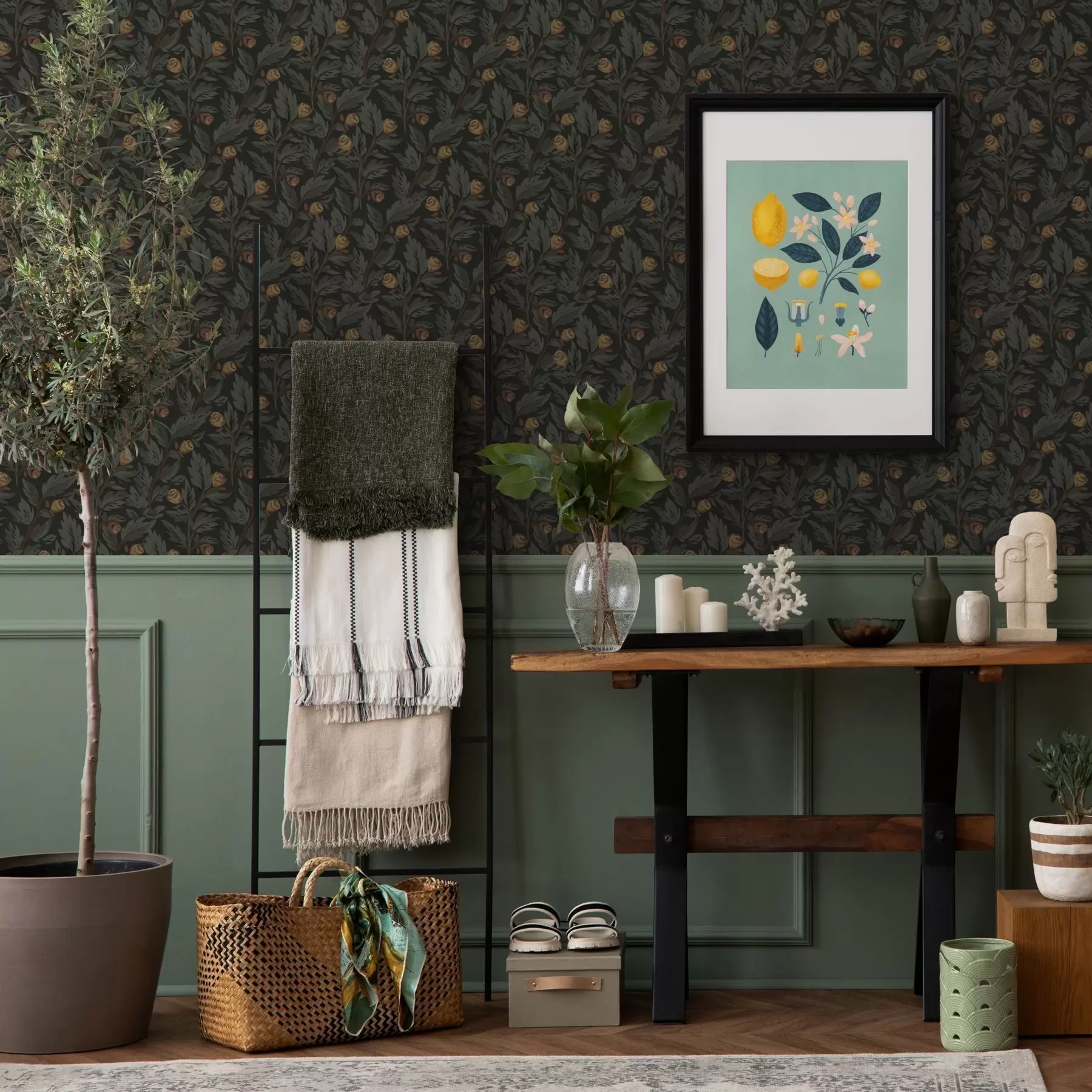 τοιχογραφίες Σκούρο floral μοτίβο με κίτρινα μπουμπούκια και φύλλα a00598