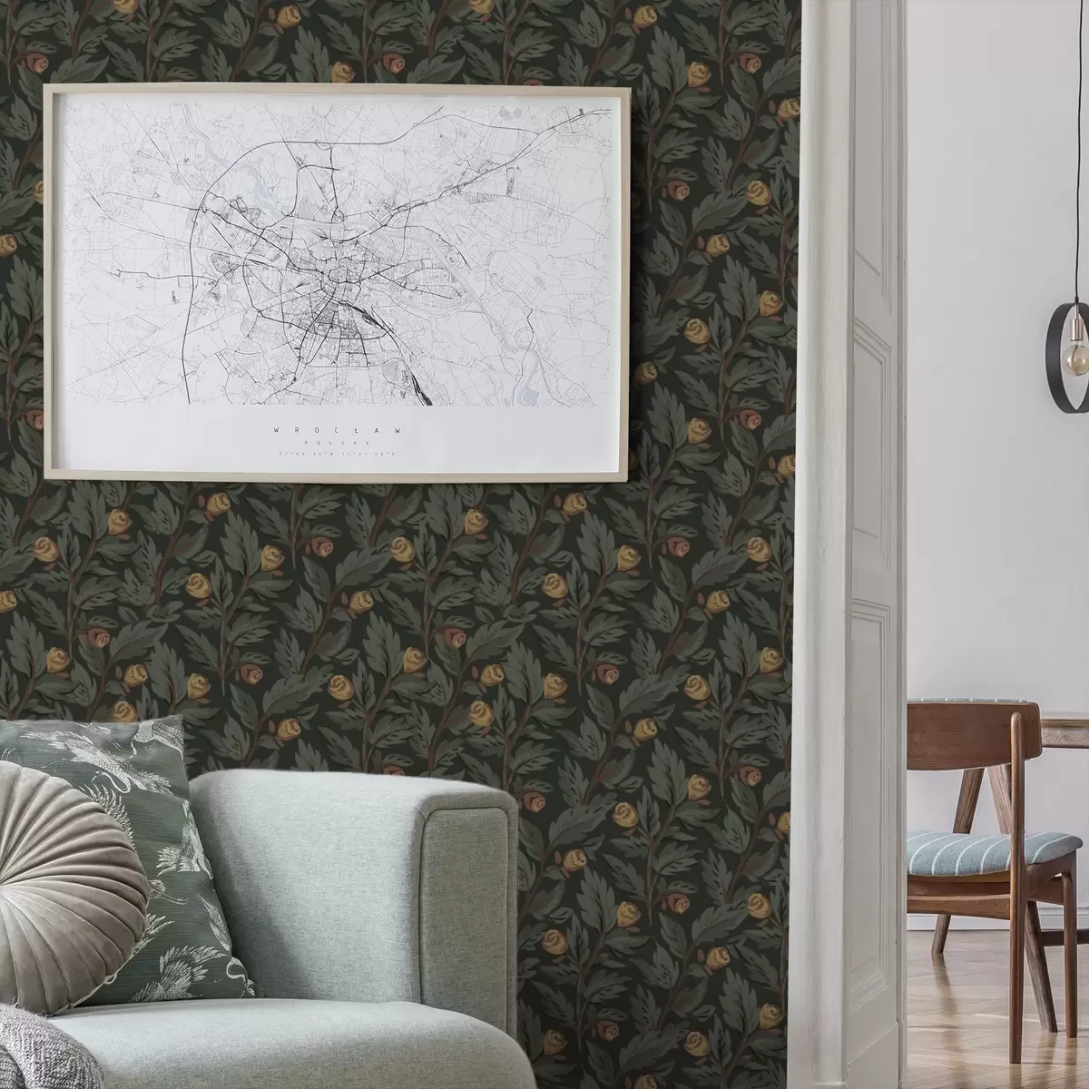 Ταπετσαρία Σκούρο floral μοτίβο με κίτρινα μπουμπούκια και φύλλα a00598