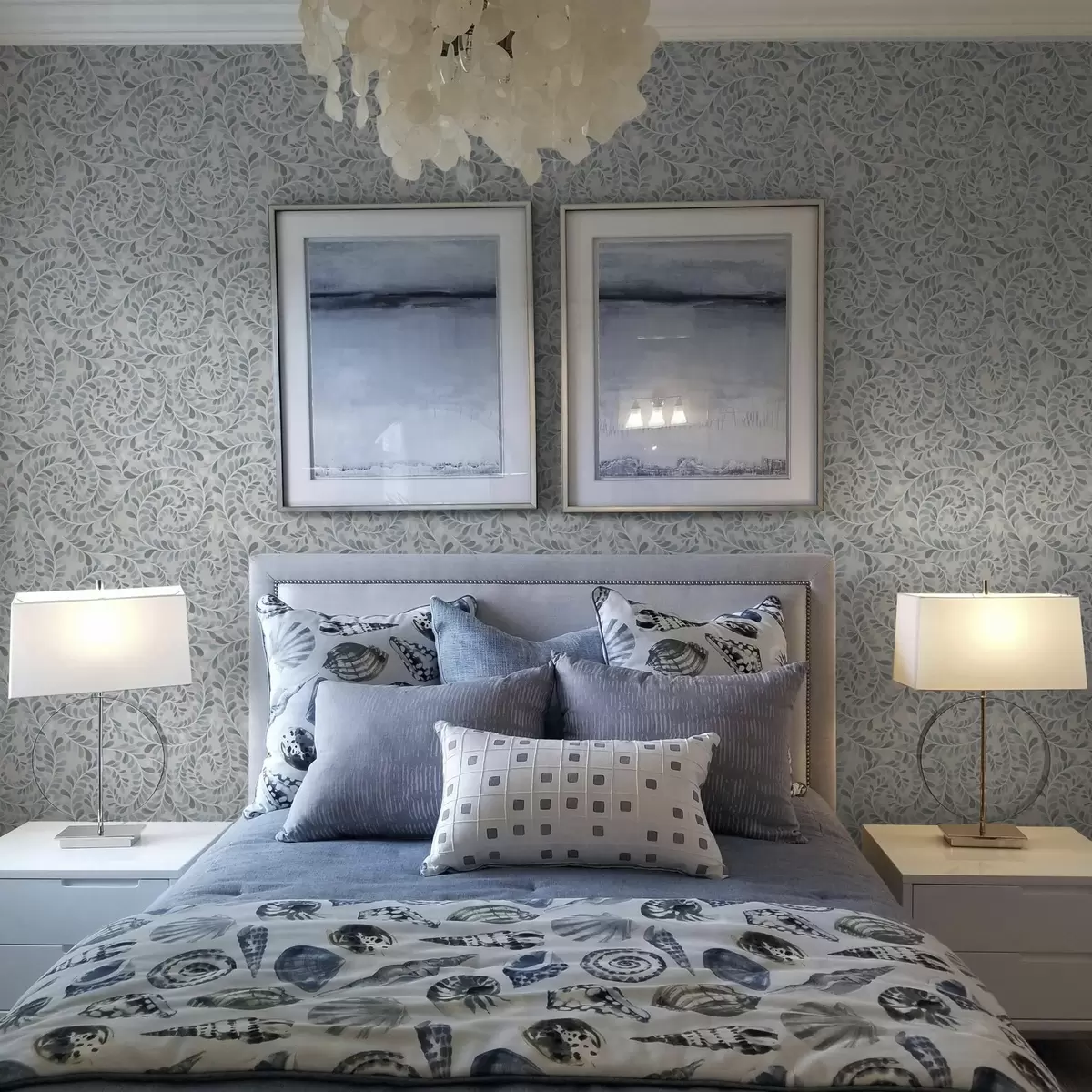 Ταπετσαρία Σπειροειδή φύλλα σε μπλε-γκρι-πράσινη παλέτα a00602