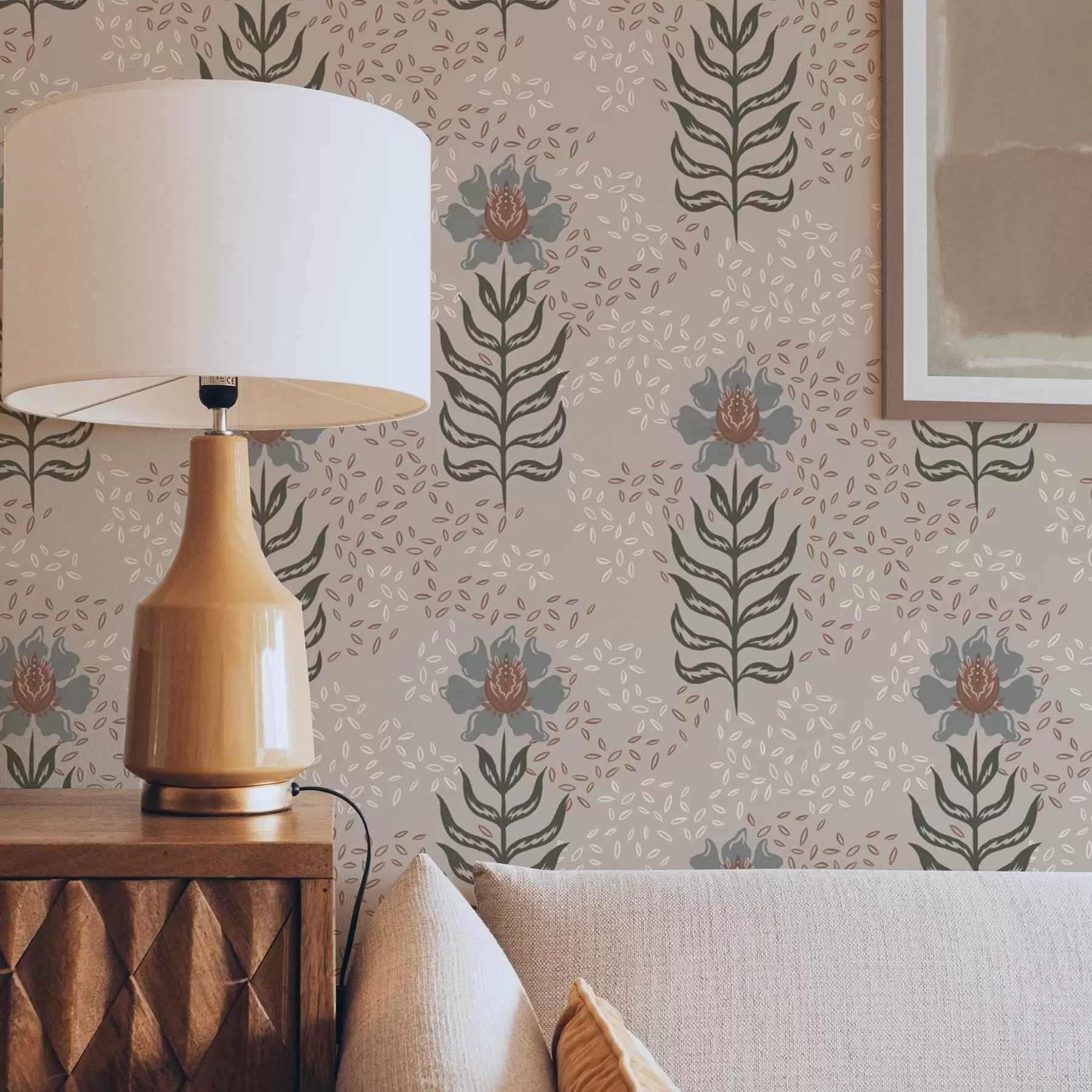 τοιχογραφίες Στυλιζαρισμένα λουλούδια και σπόροι σε ζεστό μπεζ χρώμα a00604