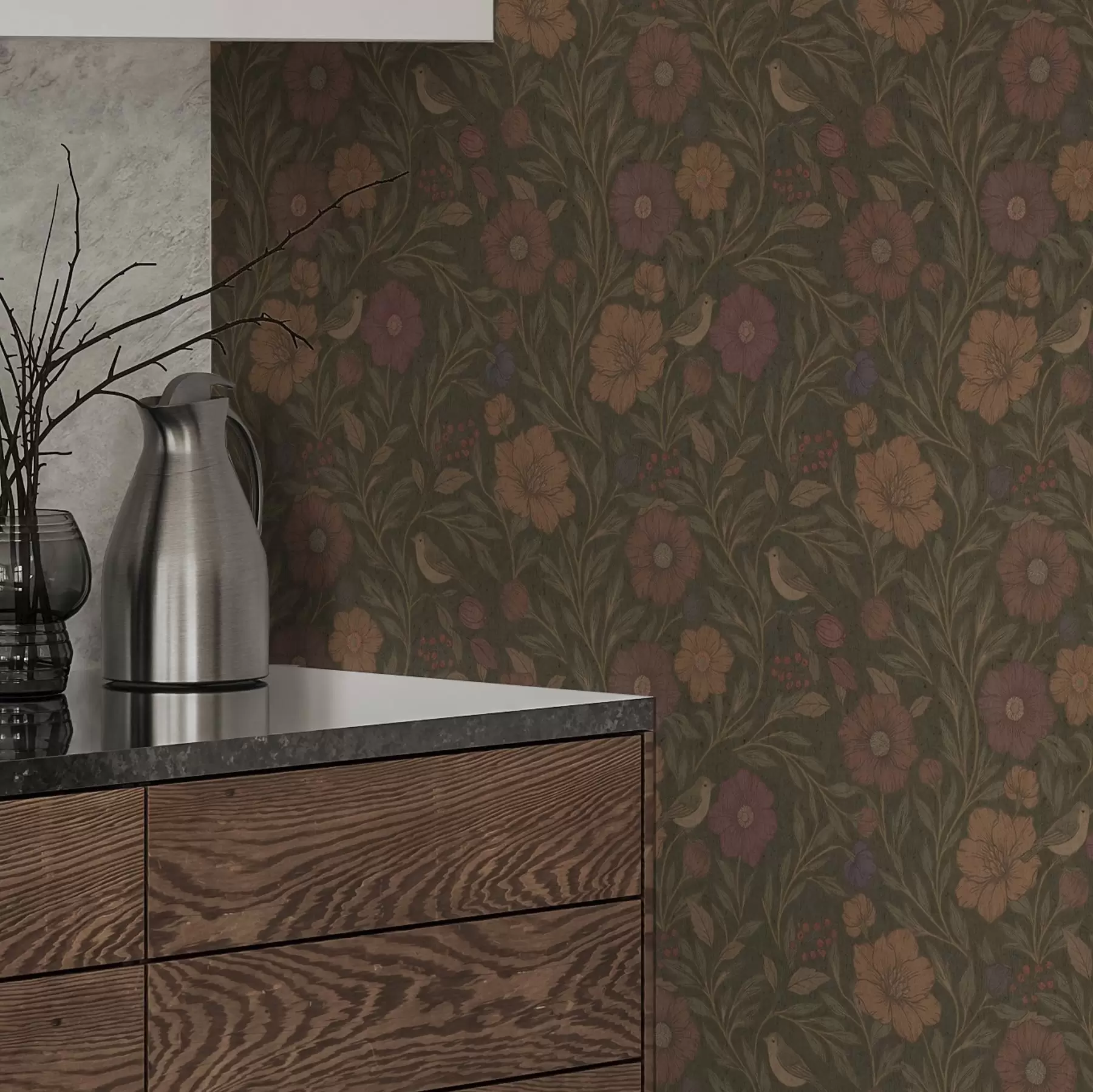 τοιχογραφίες Φθινοπωρινά λουλούδια και πουλιά σε φόντο καφέ-ελιάς a00605