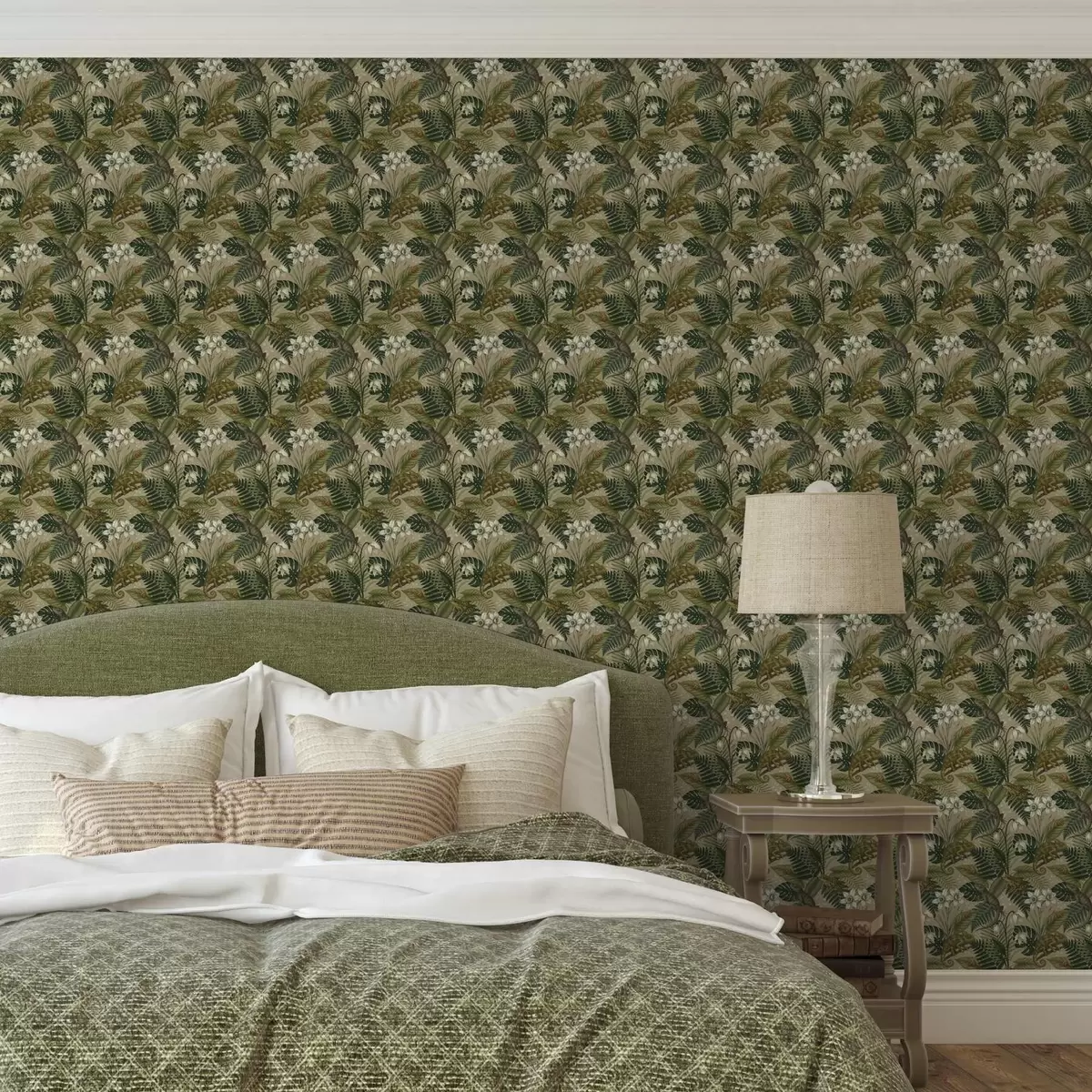 Ταπετσαρία Χαμαιλέοντες και τροπικά φύλλα, λευκά λουλούδια, μπεζ φόντο a00608