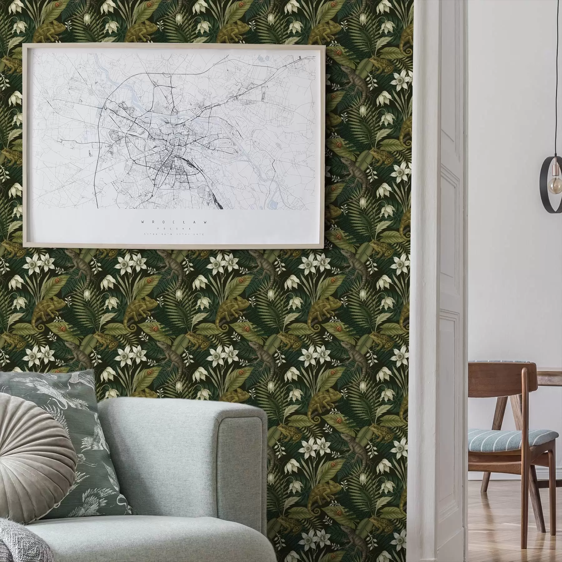 τοιχογραφίες Χαμαιλέοντες και τροπικά φύλλα, λευκά λουλούδια, σκούρο έδαφος a00608v1