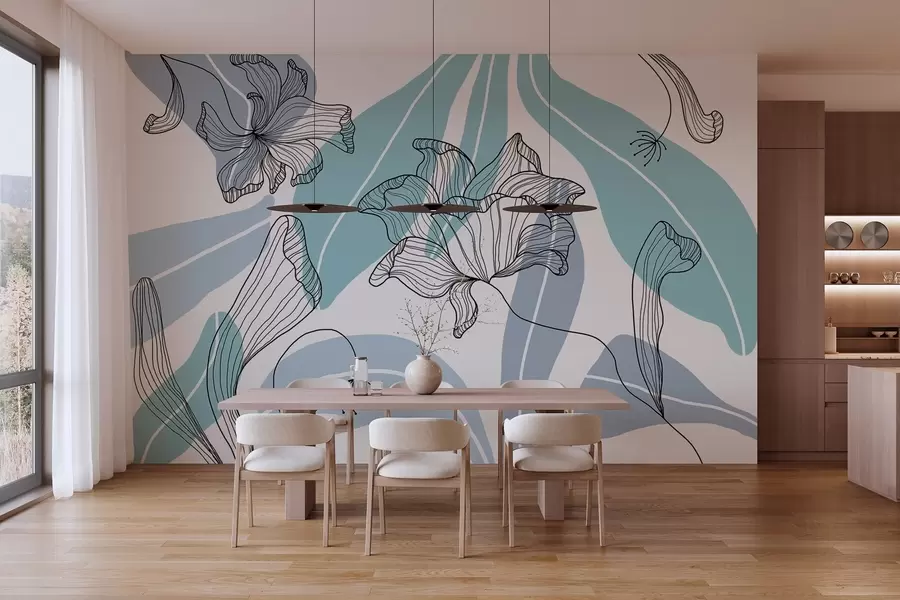 τοιχογραφίες αφηρημένα φύλλα και λουλούδια σε μπλε αποχρώσεις w04499v2