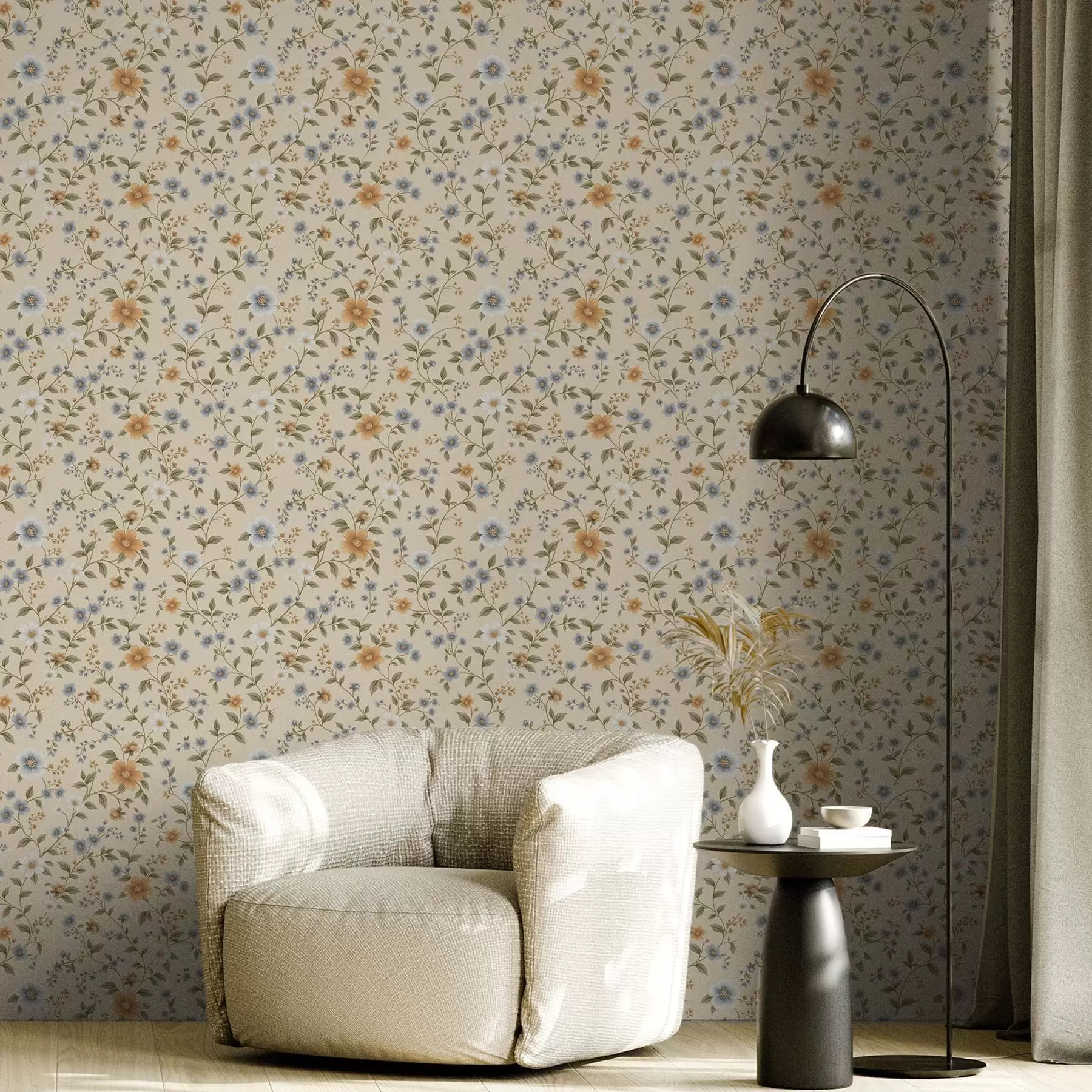 τοιχογραφίες Λουλουδάτα κλαδιά με μπλε και ροδακινί λουλούδια a00575