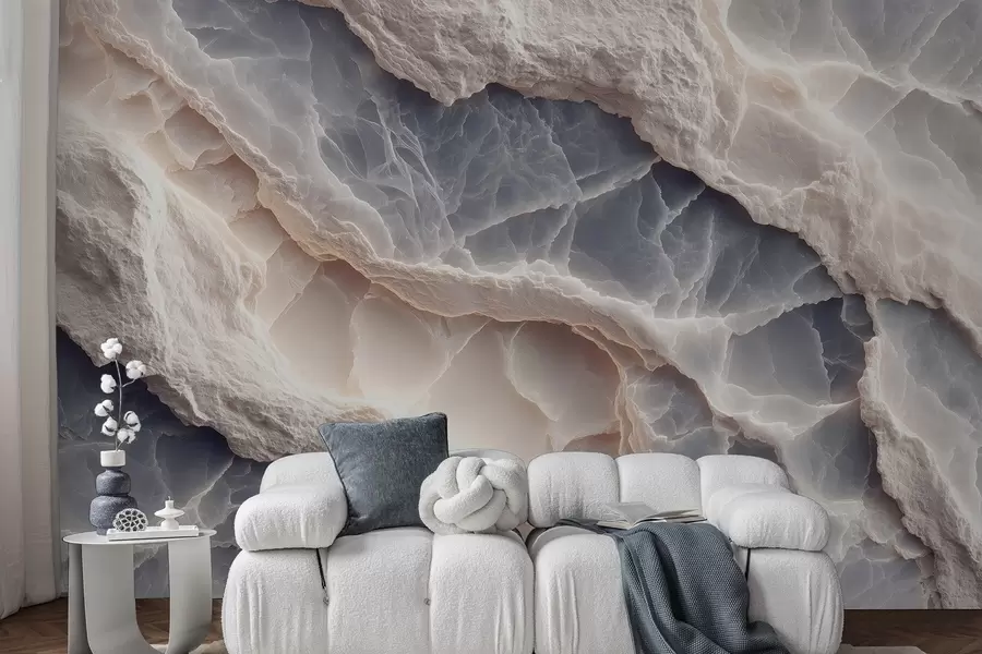 τοιχογραφίες Κομψή αφαίρεση στο στυλ των στρωμάτων μαρμάρου και των ορυκτών σε μπλε-μπεζ χρώμα w09408