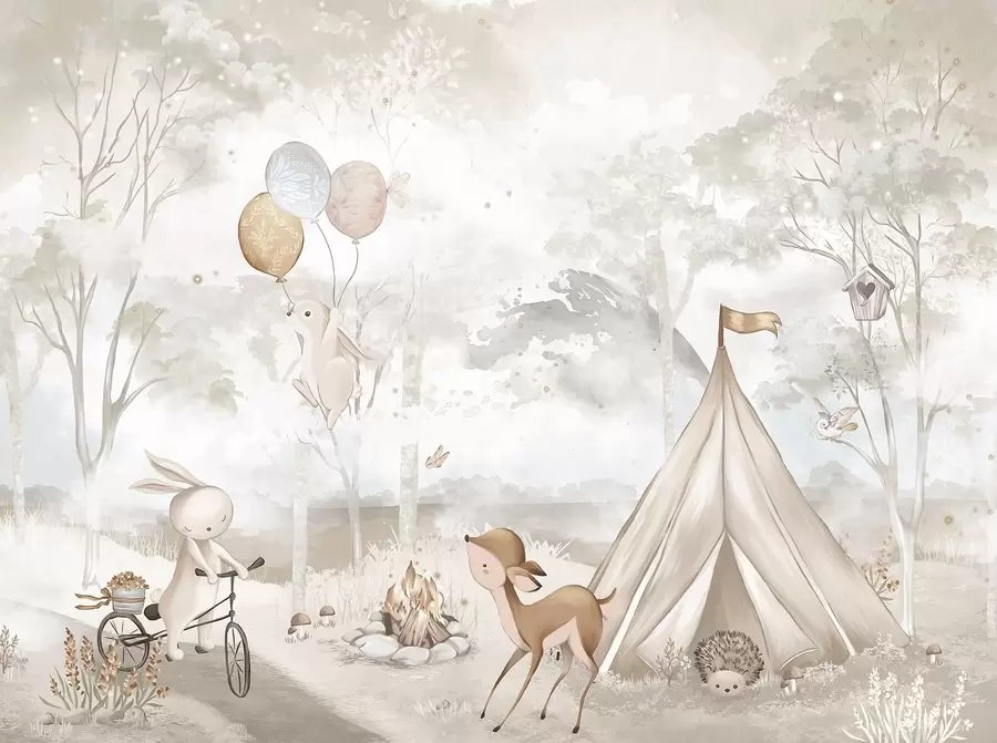 τοιχογραφίες Παιδικό κάμπινγκ σε ζεστούς μπεζ τόνους, σκηνή και ζώα του δάσους w04671