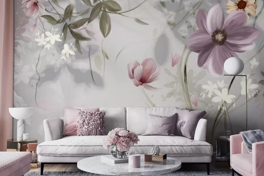 τοιχογραφίες Ροζ και λευκά λουλούδια με πράσινα στελέχη και φύλλα, απαλός φωτισμός, απαλά χρώματα, ανθοσύνθεση w09417v1