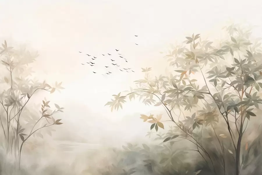 τοιχογραφίες Υφή τοπίου με δέντρα και σμήνος πουλιών που πετούν στον ουρανό, παστέλ χρώματα, φυσική σκηνή  w09418