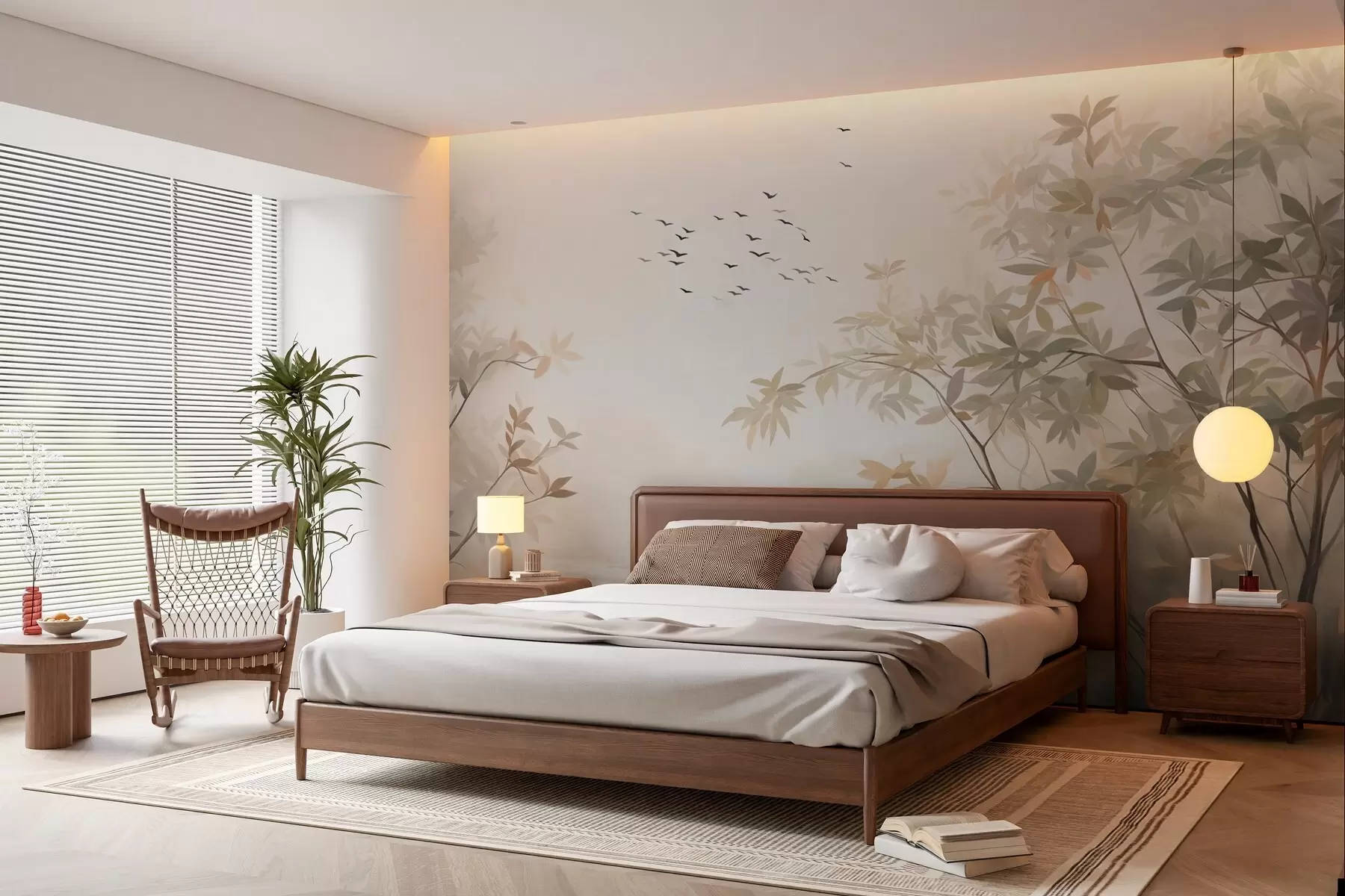 τοιχογραφίες Υφή τοπίου με δέντρα και σμήνος πουλιών που πετούν στον ουρανό, παστέλ χρώματα, φυσική σκηνή  w09418