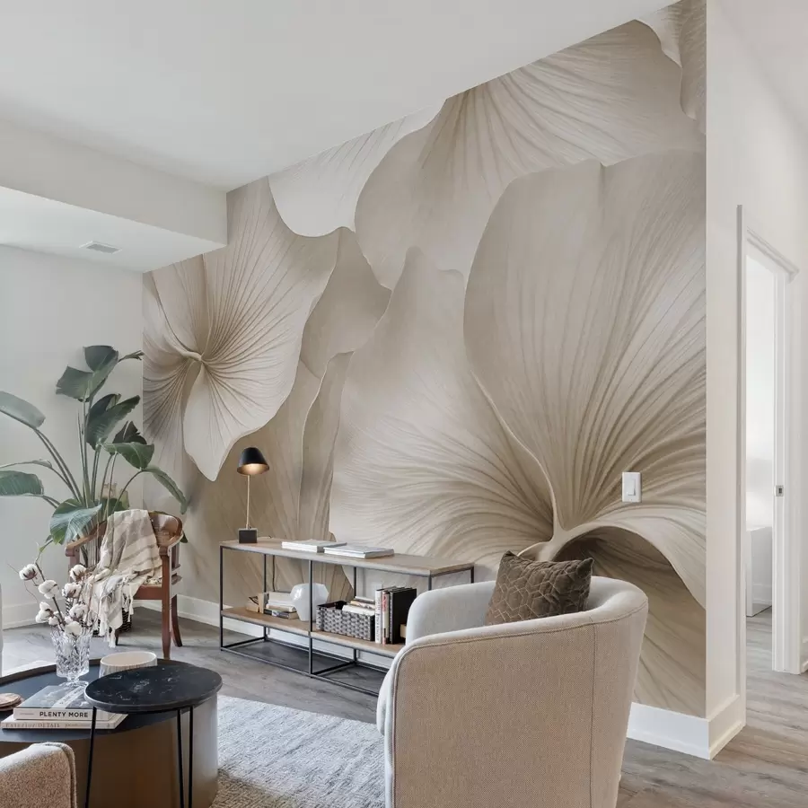 τοιχογραφίες Λευκά και μπεζ φύλλα γκίνγκο, απαλή υφή, αφηρημένο φλοράλ φόντο, μινιμαλιστικό μοντέρνο στυλ w09421v1