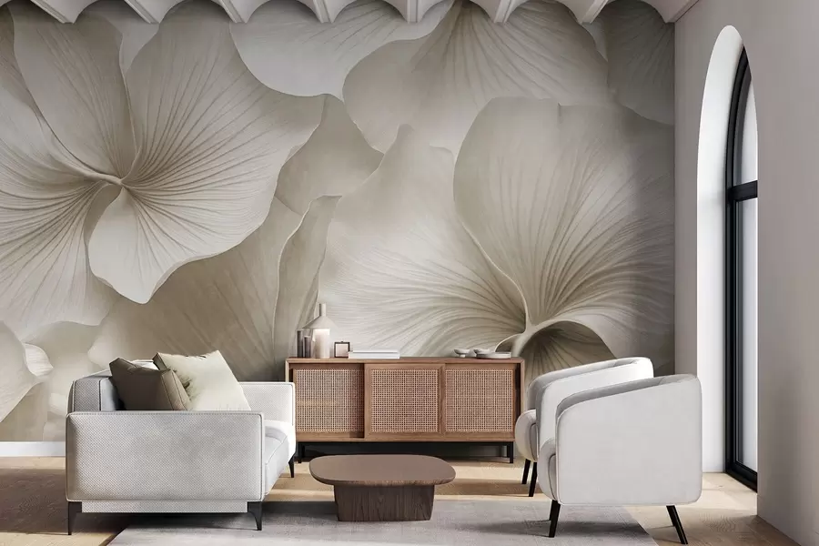 τοιχογραφίες Λευκά και μπεζ φύλλα γκίνγκο, απαλή υφή, αφηρημένο φλοράλ φόντο, μινιμαλιστικό μοντέρνο στυλ w09421v1