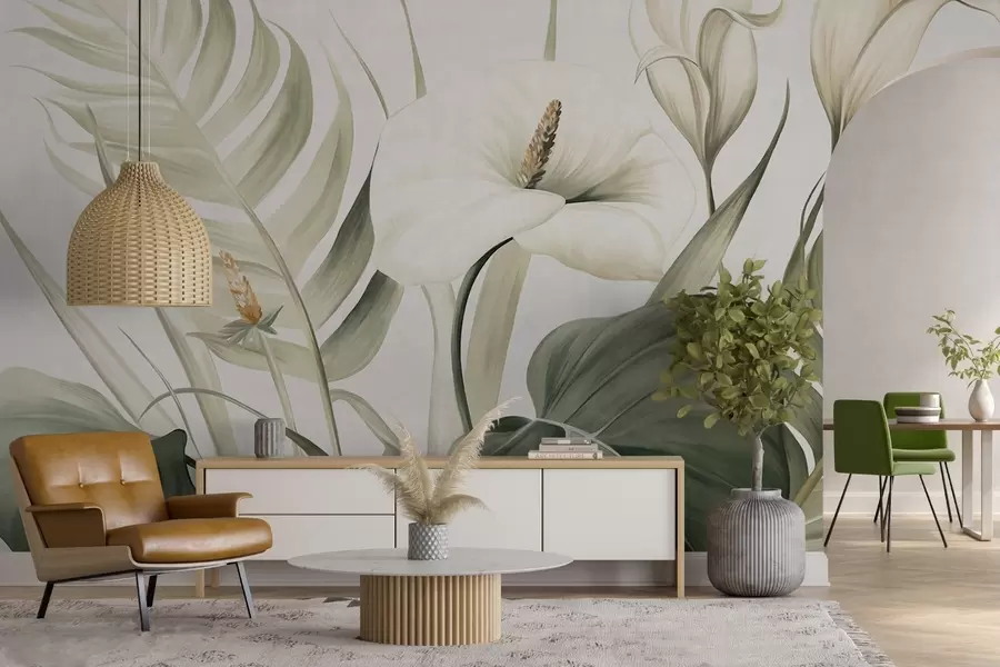 τοιχογραφίες Λευκά κρίνα και πράσινα τροπικά φύλλα, βοτανική απεικόνιση, ανοιχτόχρωμο φόντο, vintage στυλ, υφή w09423